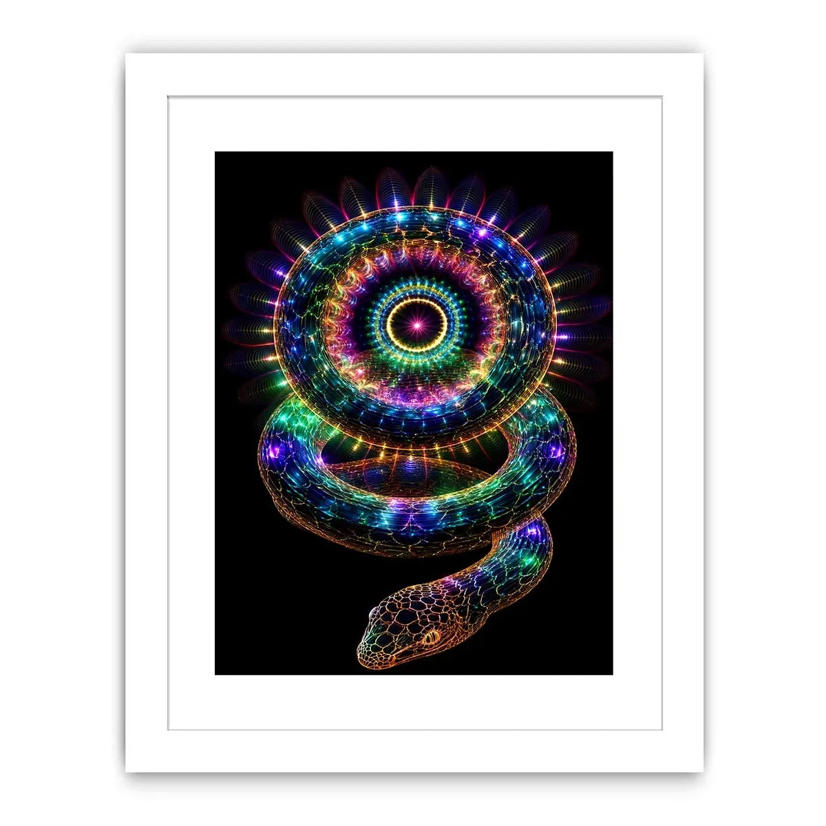 Neon serpent sacred geometry canvas art for modern luxury living room decor.
