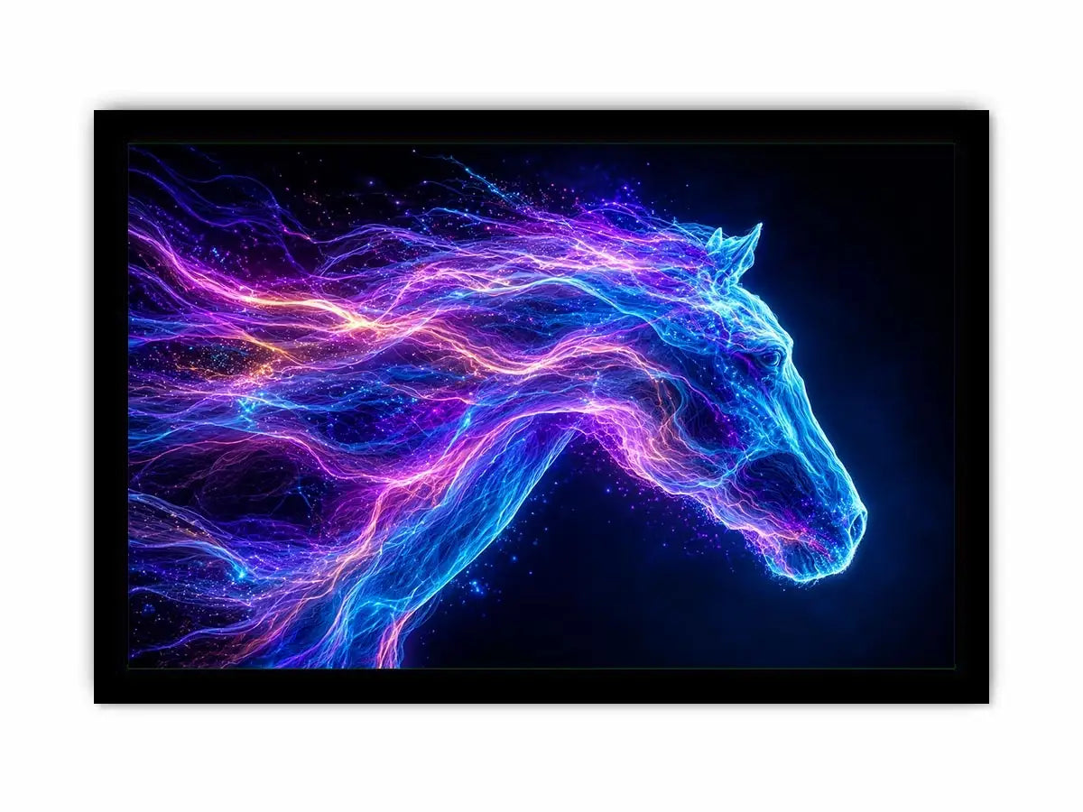 Cosmic neon horse canvas art for modern living room and luxury wall decor.