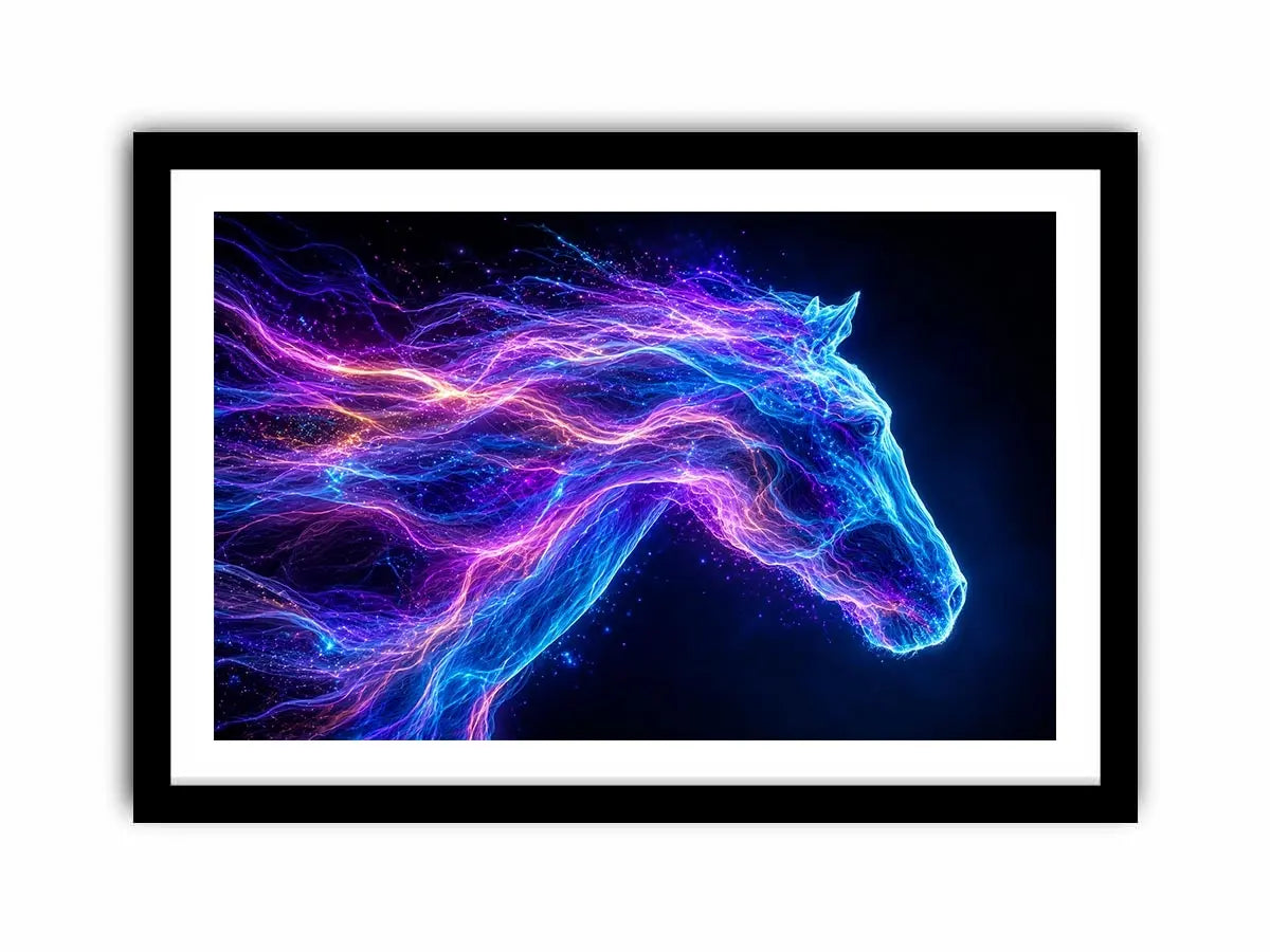 Cosmic neon horse canvas art for modern living room and luxury wall decor.