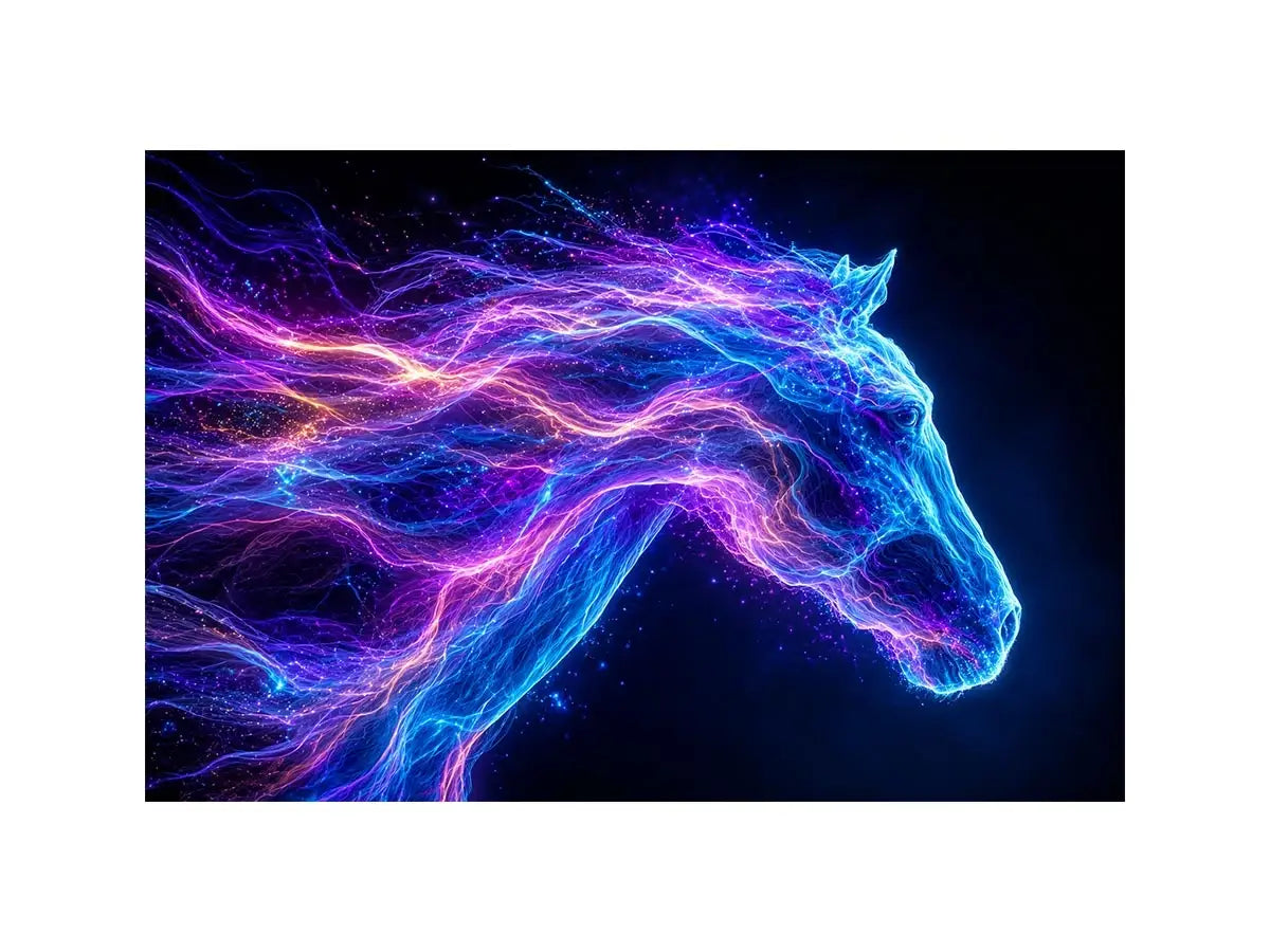 Cosmic neon horse canvas art for modern living room and luxury wall decor.