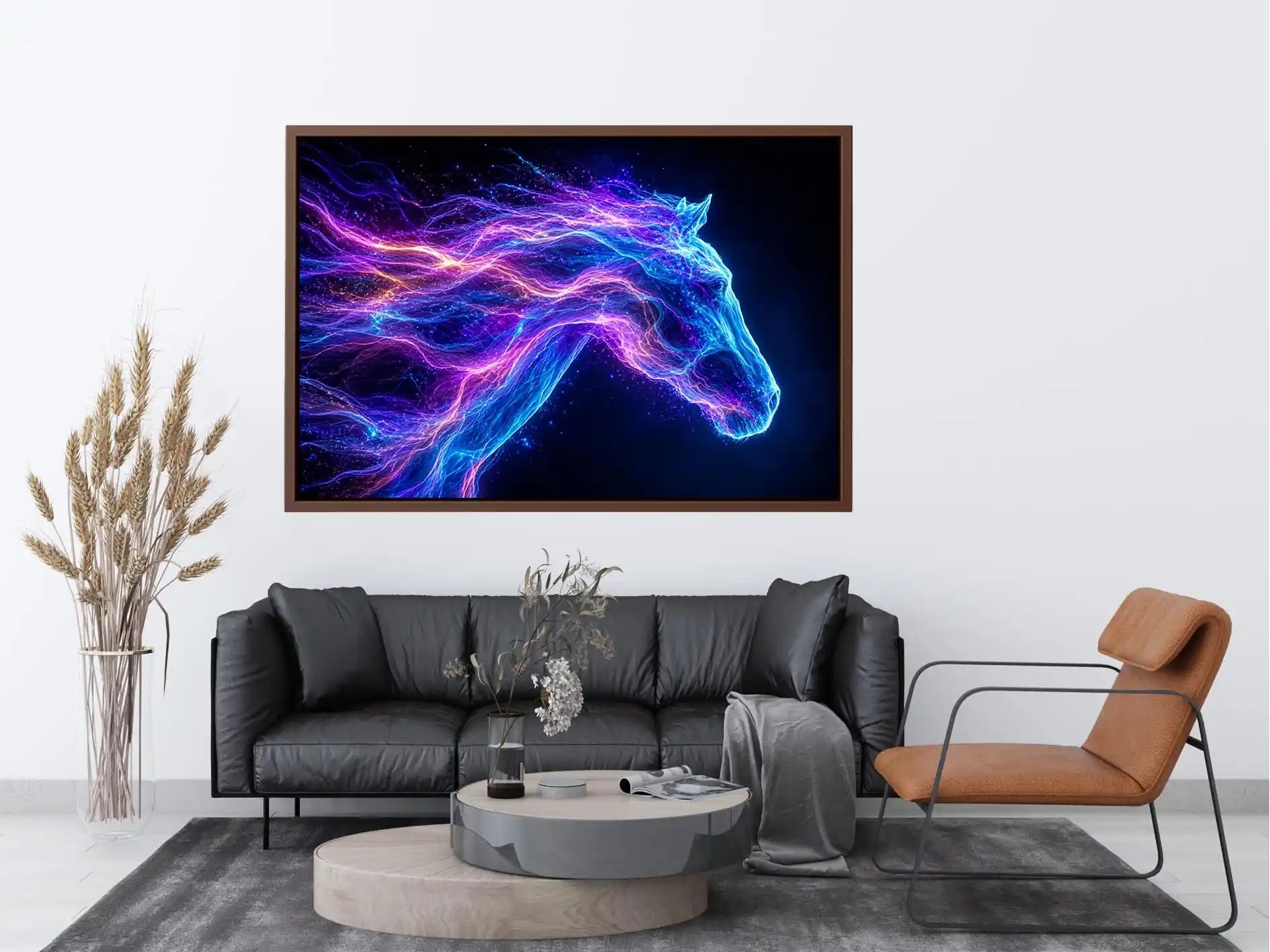 Cosmic neon horse canvas art for modern living room and luxury wall decor.