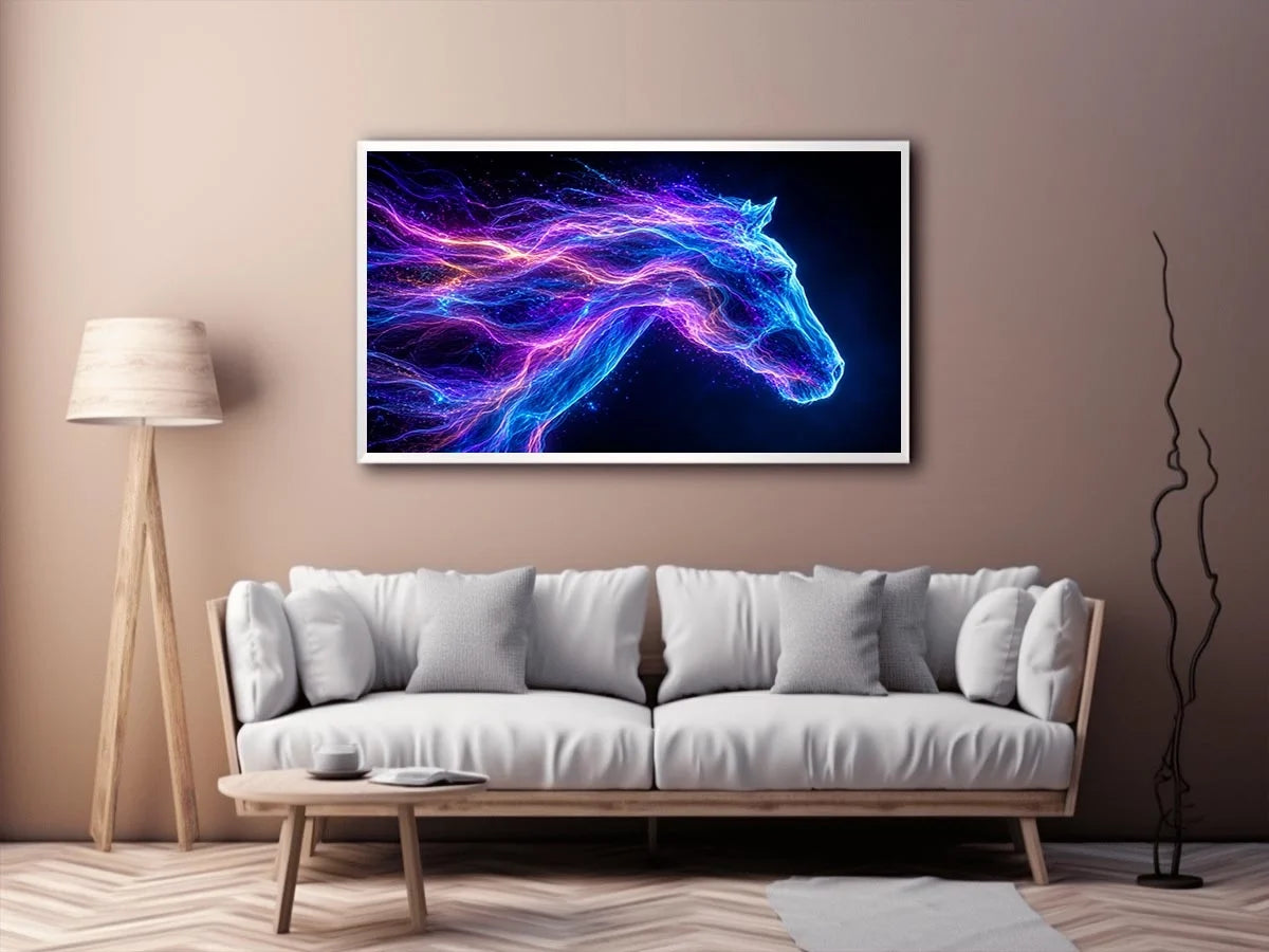Cosmic neon horse canvas art for modern living room and luxury wall decor.