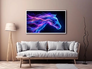 Cosmic neon horse canvas art for modern living room and luxury wall decor.