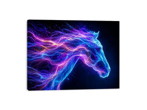 Cosmic neon horse canvas art for modern living room and luxury wall decor.