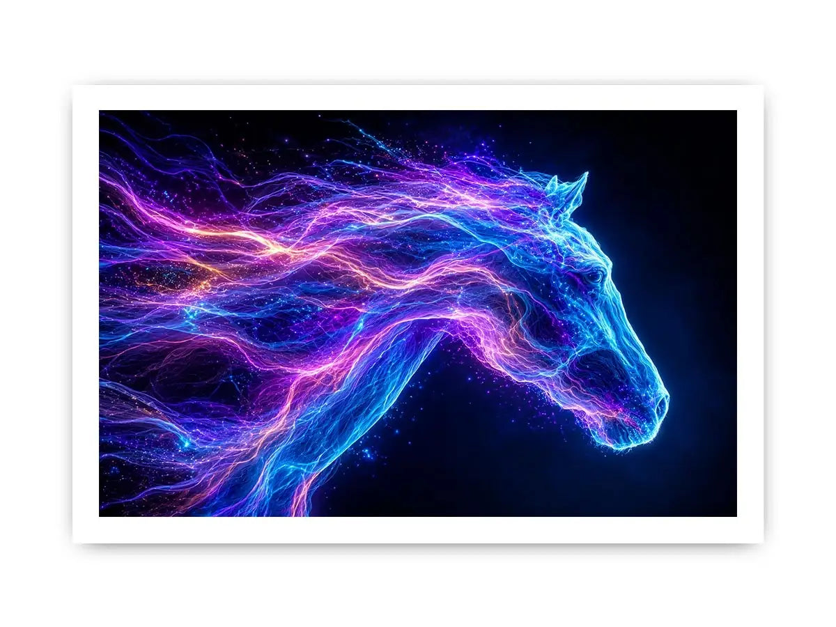 Cosmic neon horse canvas art for modern living room and luxury wall decor.