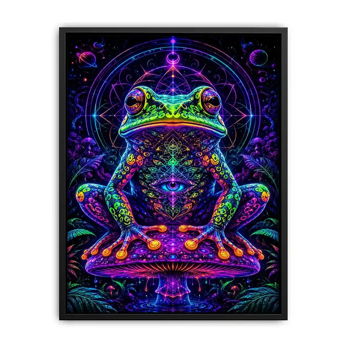 Psychedelic neon frog sitting on a glowing mushroom with sacred geometry and cosmic background