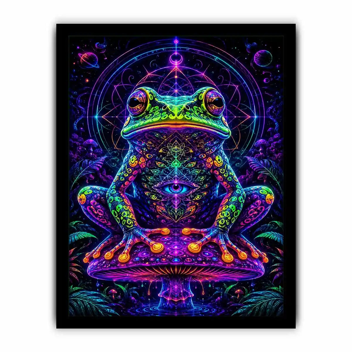 Psychedelic neon frog sitting on a glowing mushroom with sacred geometry and cosmic background