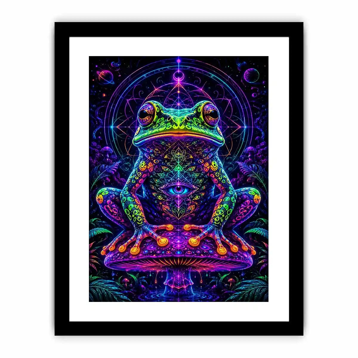 Psychedelic neon frog sitting on a glowing mushroom with sacred geometry and cosmic background