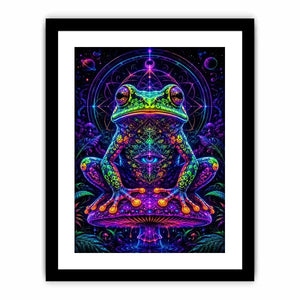 Psychedelic neon frog sitting on a glowing mushroom with sacred geometry and cosmic background