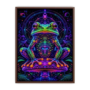 Psychedelic neon frog sitting on a glowing mushroom with sacred geometry and cosmic background