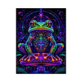 Psychedelic neon frog sitting on a glowing mushroom with sacred geometry and cosmic background