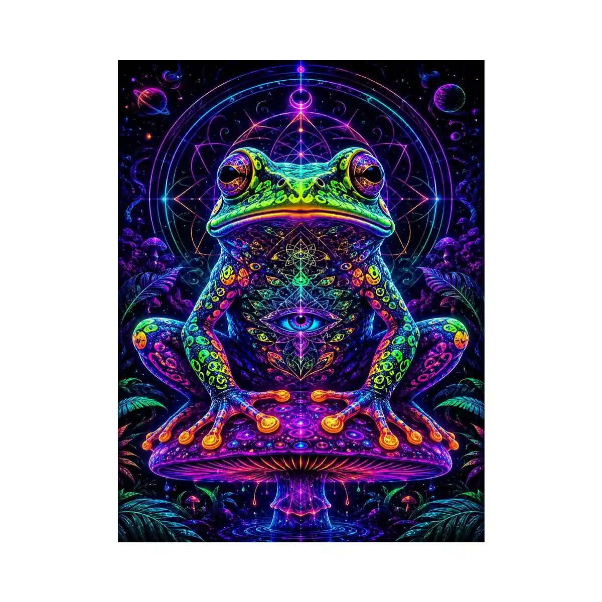 Psychedelic neon frog sitting on a glowing mushroom with sacred geometry and cosmic background