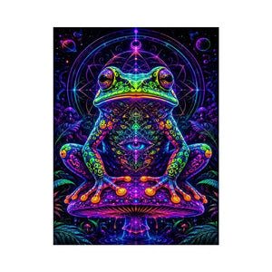 Psychedelic neon frog sitting on a glowing mushroom with sacred geometry and cosmic background