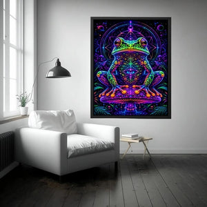 Psychedelic neon frog sitting on a glowing mushroom with sacred geometry and cosmic background