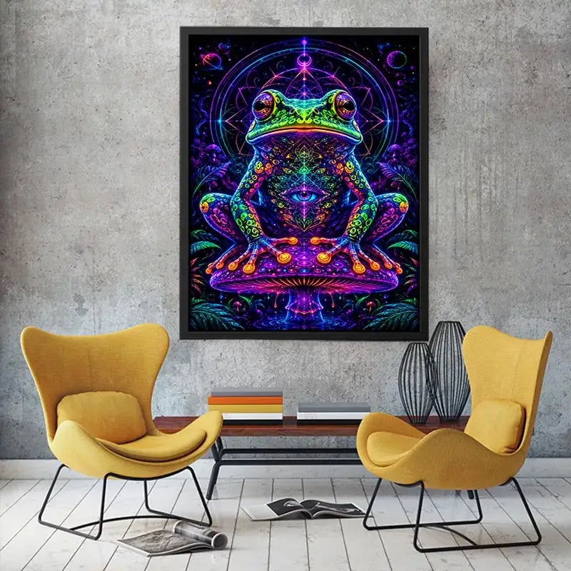 Psychedelic neon frog sitting on a glowing mushroom with sacred geometry and cosmic background