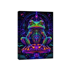 Psychedelic neon frog sitting on a glowing mushroom with sacred geometry and cosmic background