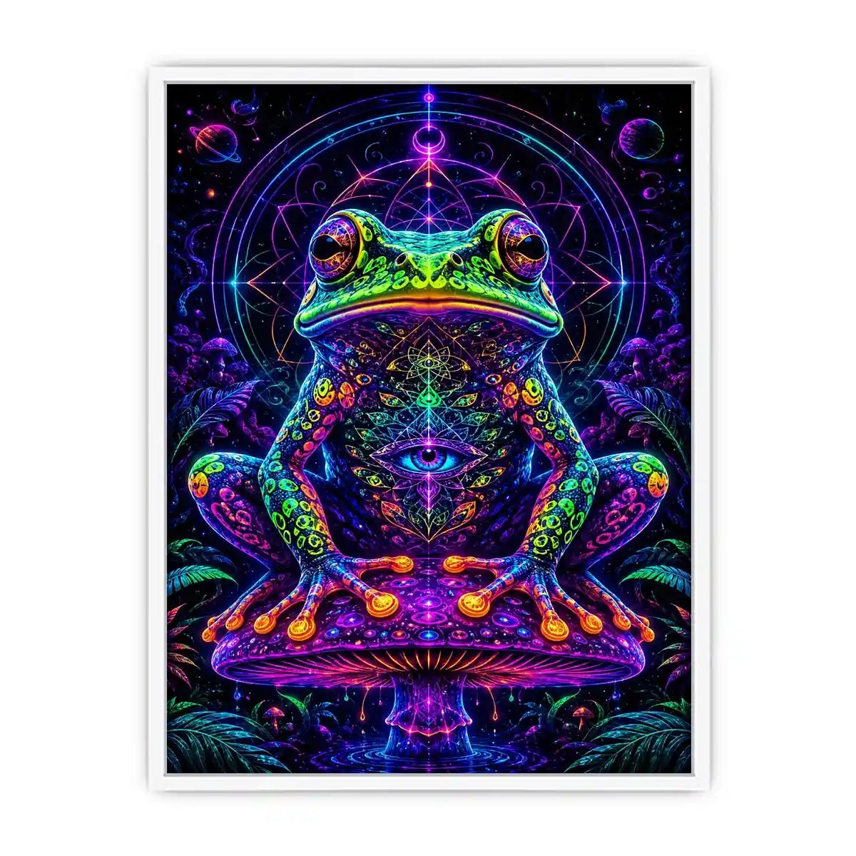 Psychedelic neon frog sitting on a glowing mushroom with sacred geometry and cosmic background
