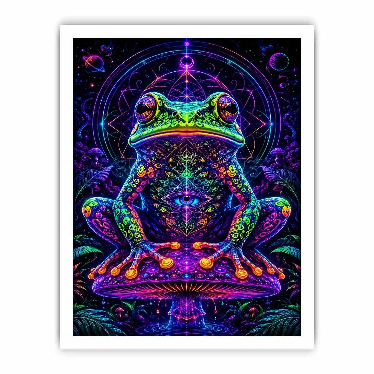 Psychedelic neon frog sitting on a glowing mushroom with sacred geometry and cosmic background