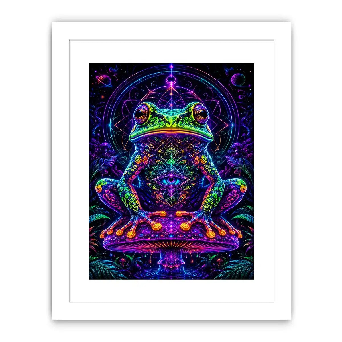 Psychedelic neon frog sitting on a glowing mushroom with sacred geometry and cosmic background