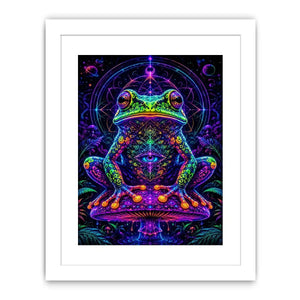 Psychedelic neon frog sitting on a glowing mushroom with sacred geometry and cosmic background