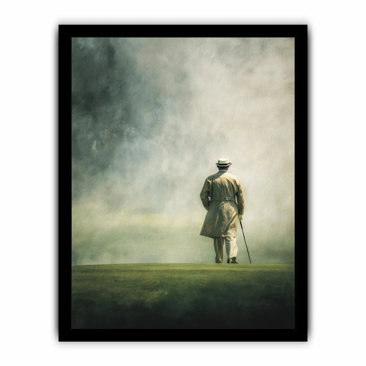 Elegant solitary figure walking into a foggy horizon with minimalist painterly atmosphere