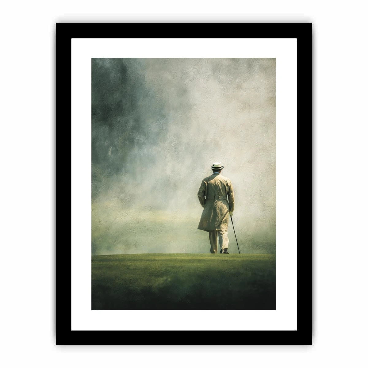 Elegant solitary figure walking into a foggy horizon with minimalist painterly atmosphere