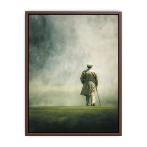 Elegant solitary figure walking into a foggy horizon with minimalist painterly atmosphere
