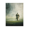 Elegant solitary figure walking into a foggy horizon with minimalist painterly atmosphere