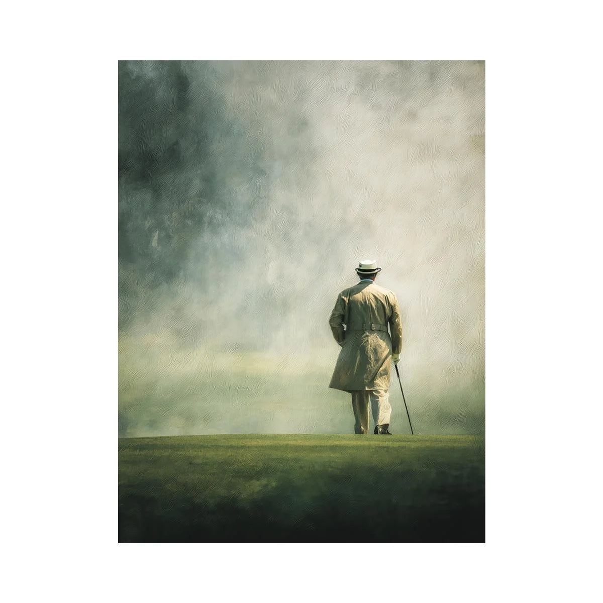 Elegant solitary figure walking into a foggy horizon with minimalist painterly atmosphere