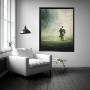 Elegant solitary figure walking into a foggy horizon with minimalist painterly atmosphere