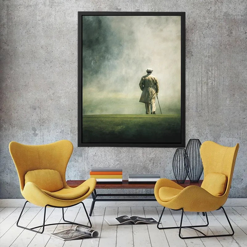 Elegant solitary figure walking into a foggy horizon with minimalist painterly atmosphere