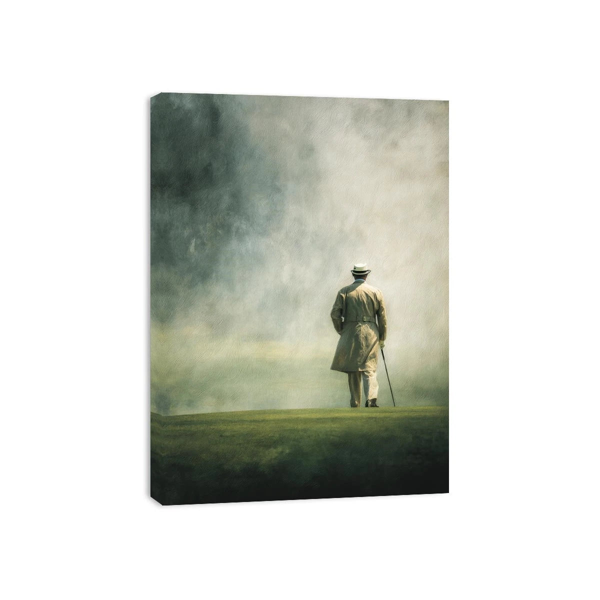 Elegant solitary figure walking into a foggy horizon with minimalist painterly atmosphere
