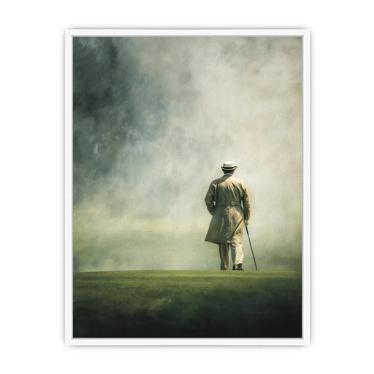 Elegant solitary figure walking into a foggy horizon with minimalist painterly atmosphere