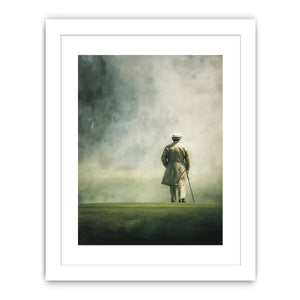 Elegant solitary figure walking into a foggy horizon with minimalist painterly atmosphere