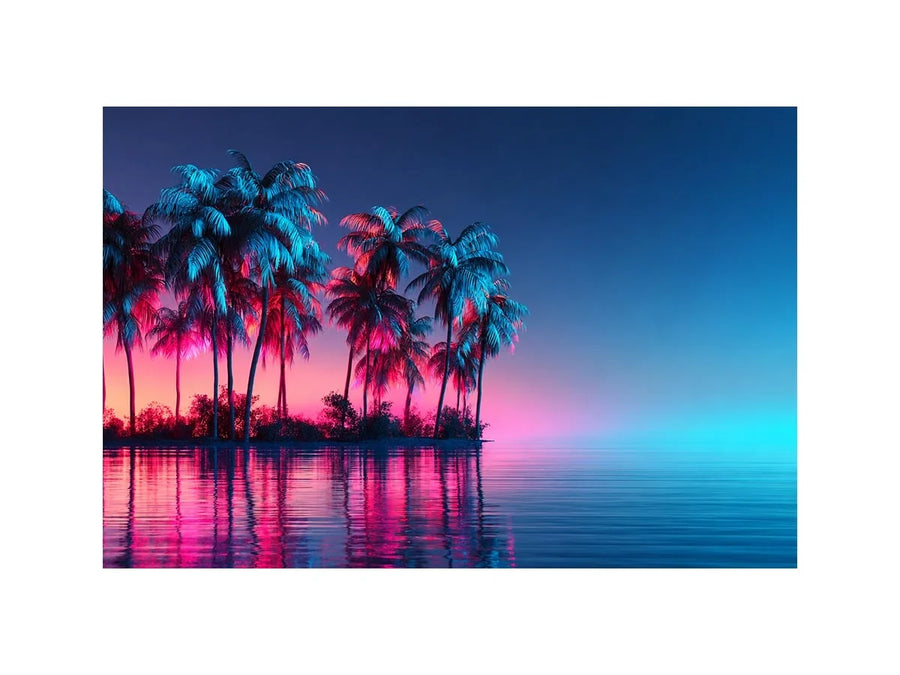 Neon tropical palm trees reflected on calm water with vibrant pink and blue lighting