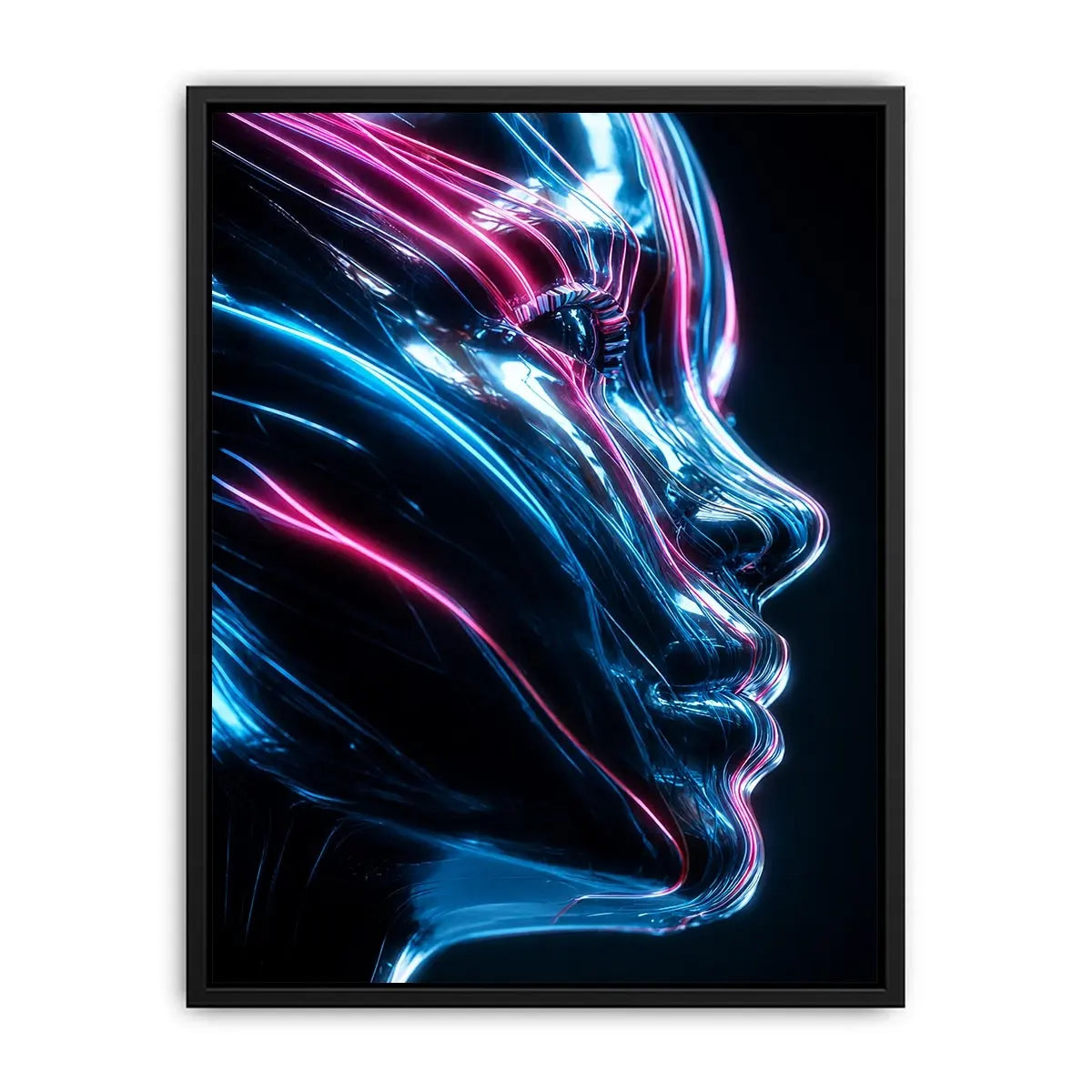 Futuristic metallic human face illuminated with glowing neon blue and pink light trails