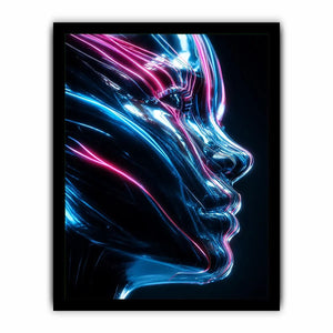 Futuristic metallic human face illuminated with glowing neon blue and pink light trails