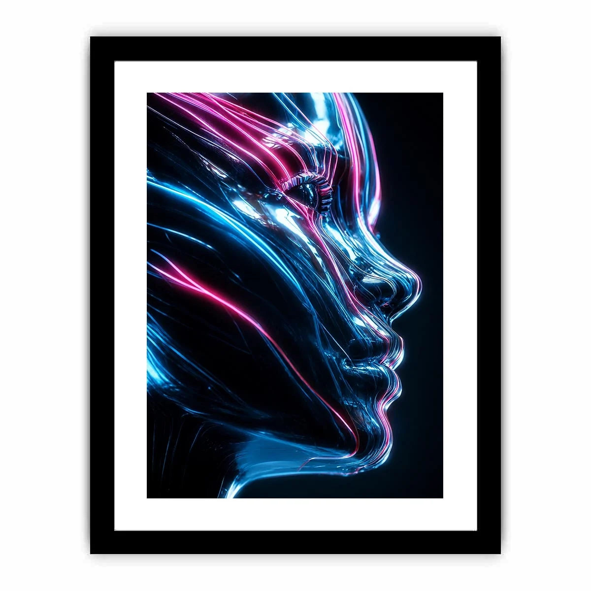 Futuristic metallic human face illuminated with glowing neon blue and pink light trails