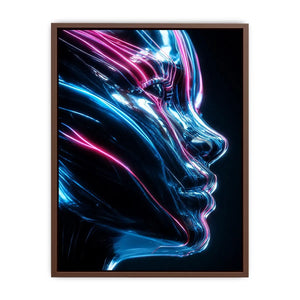 Futuristic metallic human face illuminated with glowing neon blue and pink light trails