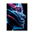 Futuristic metallic human face illuminated with glowing neon blue and pink light trails