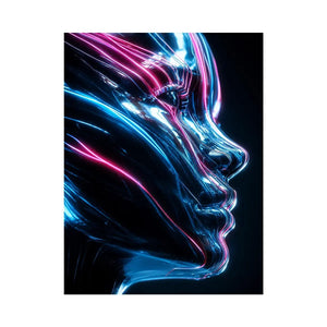 Futuristic metallic human face illuminated with glowing neon blue and pink light trails