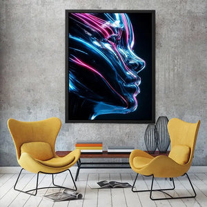 Futuristic metallic human face illuminated with glowing neon blue and pink light trails