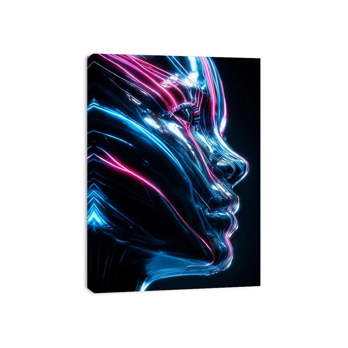 Futuristic metallic human face illuminated with glowing neon blue and pink light trails