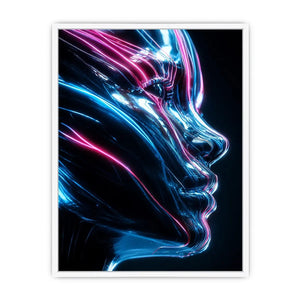 Futuristic metallic human face illuminated with glowing neon blue and pink light trails