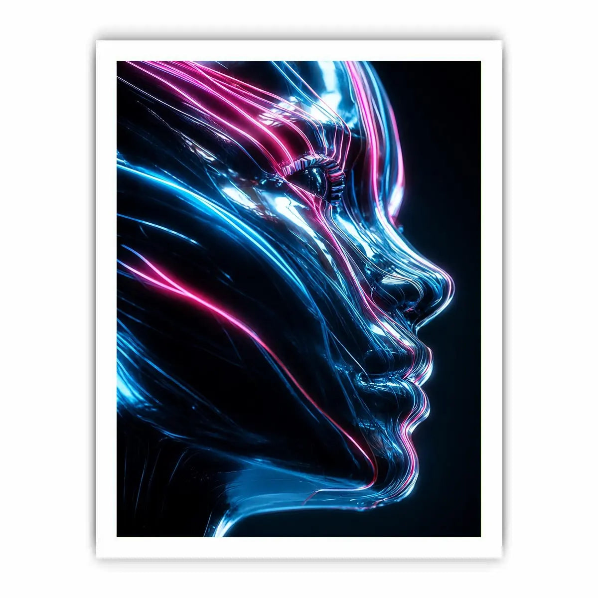 Futuristic metallic human face illuminated with glowing neon blue and pink light trails