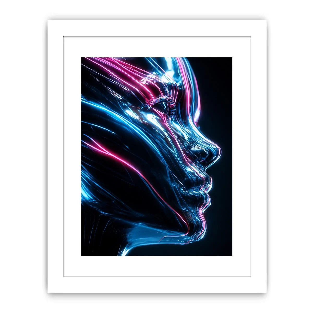 Futuristic metallic human face illuminated with glowing neon blue and pink light trails