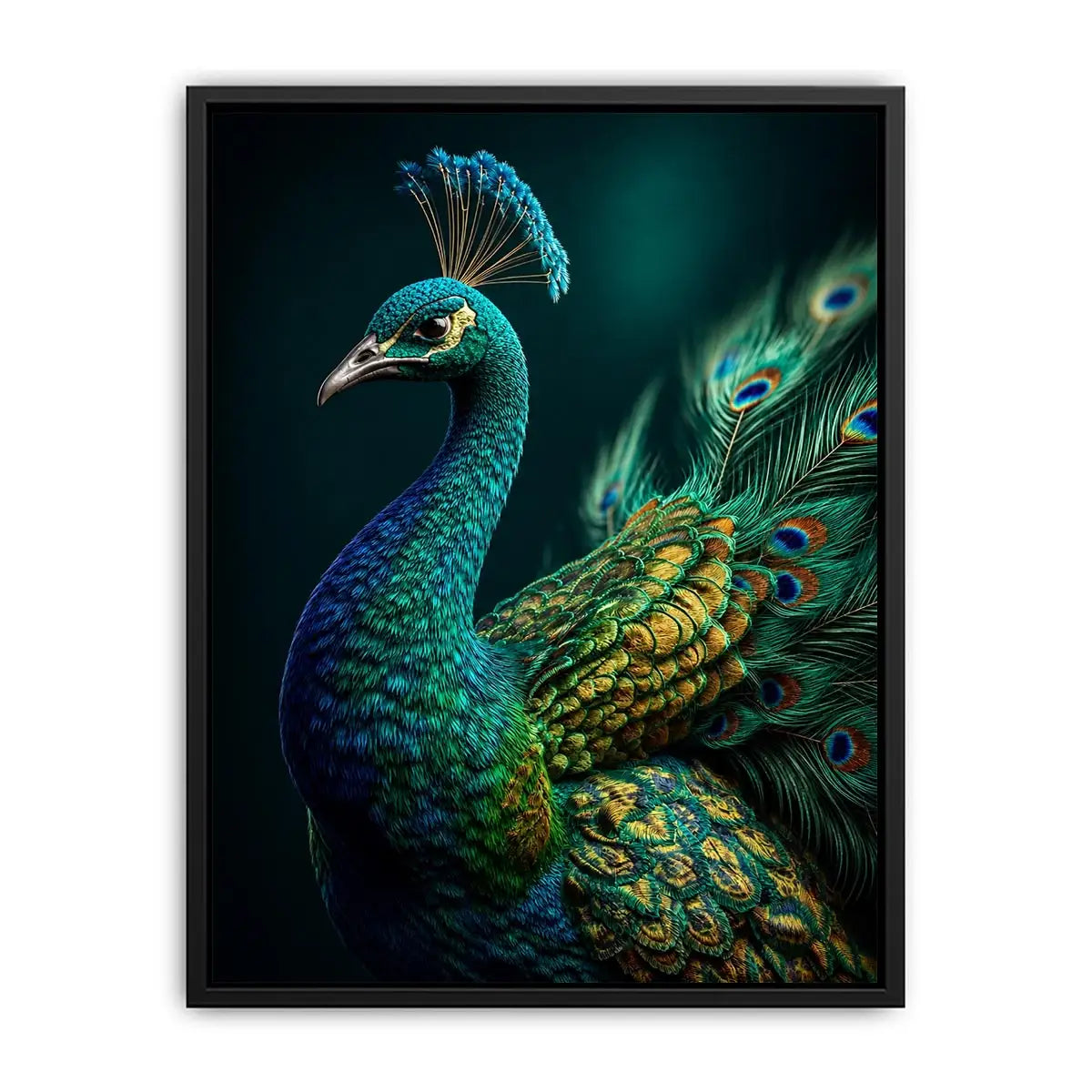 Elegant emerald peacock portrait with detailed iridescent feathers and jewel toned plumage