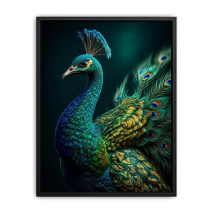 Elegant emerald peacock portrait with detailed iridescent feathers and jewel toned plumage