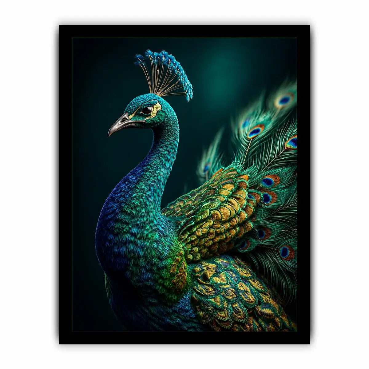 Elegant emerald peacock portrait with detailed iridescent feathers and jewel toned plumage