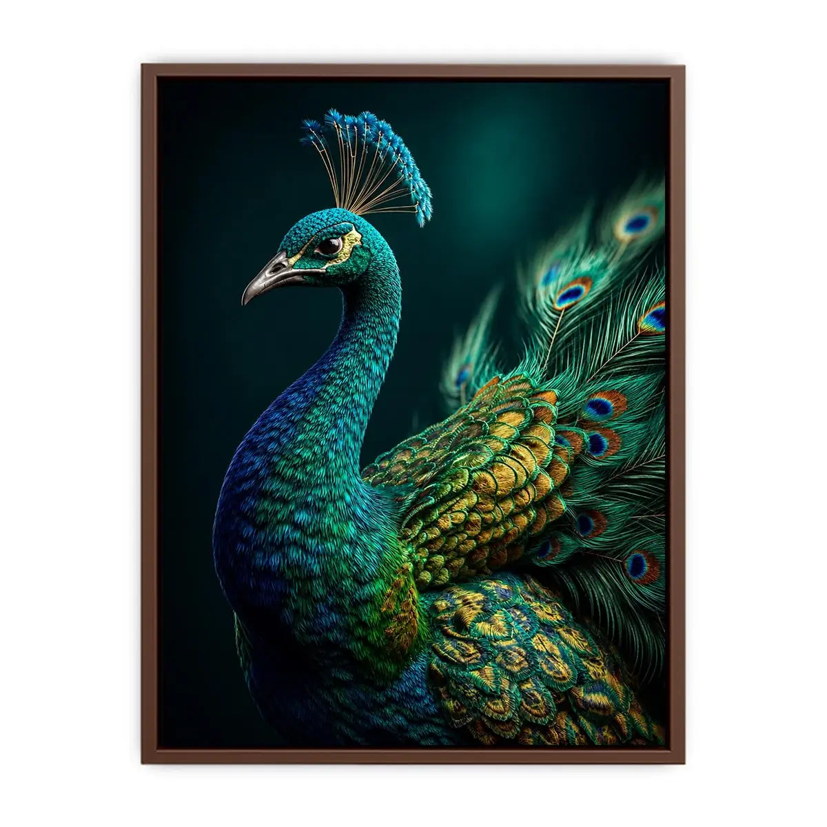 Elegant emerald peacock portrait with detailed iridescent feathers and jewel toned plumage